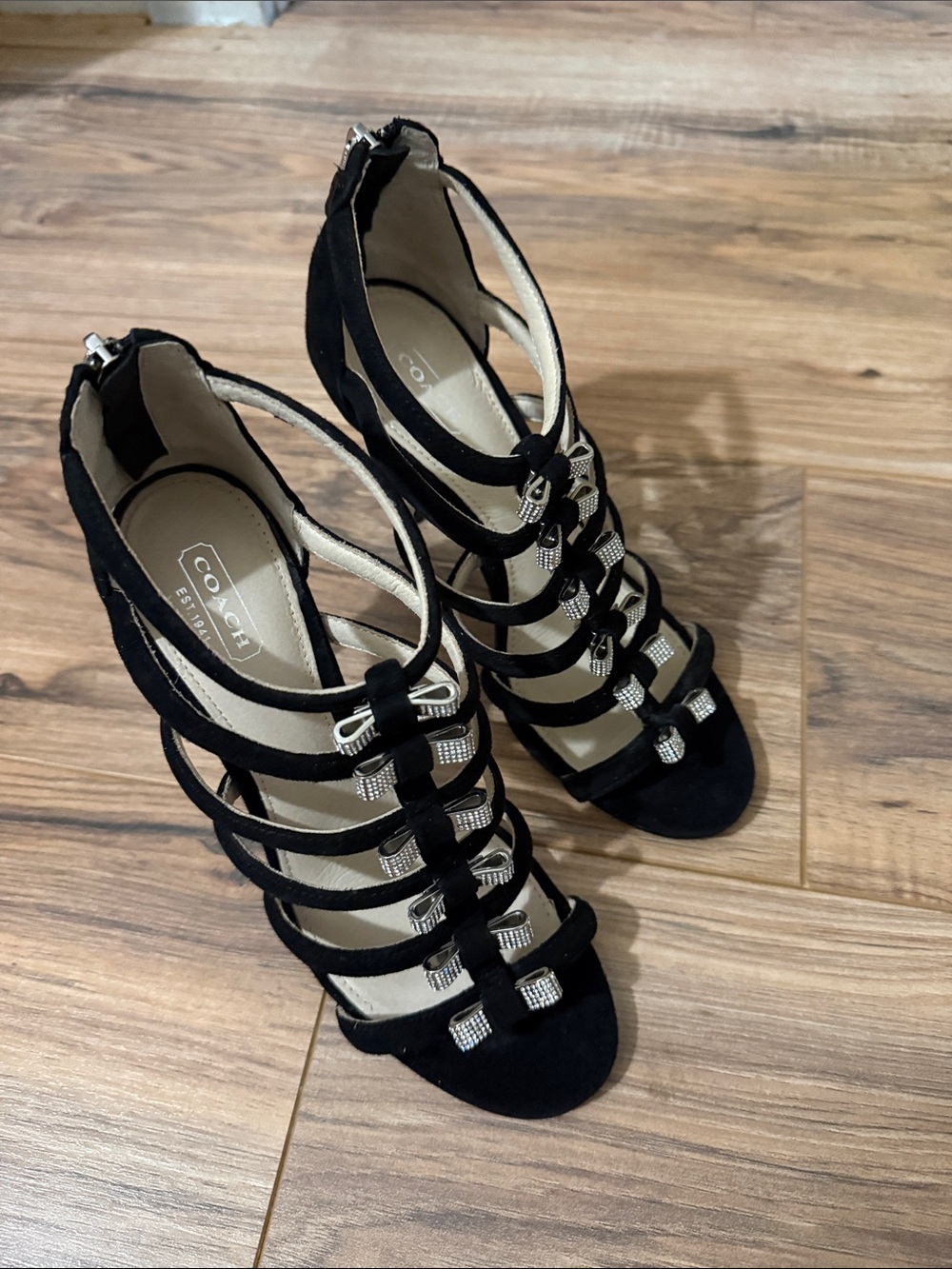 Coach Black Strappy Crystal Accent Heels